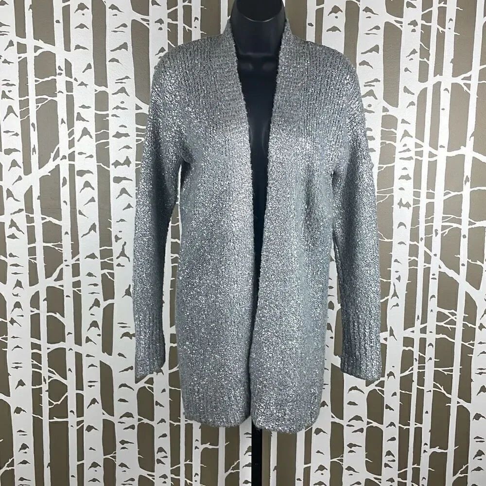 Silver Metallic Painted Wool Blend Longline Open Front Cardigan Sweater S